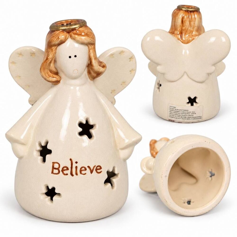 Ceramic Angel Tealight Candle Holder Believe Decor